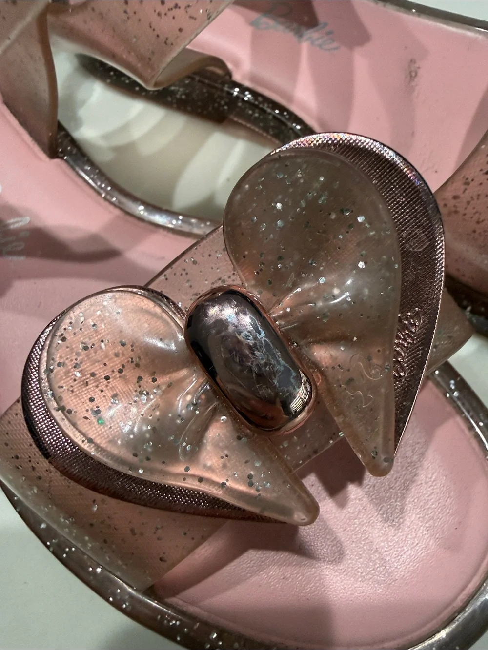 Mini Melissa Pink Glitter Heart Jelly Sandals with Rose-Tinted Straps